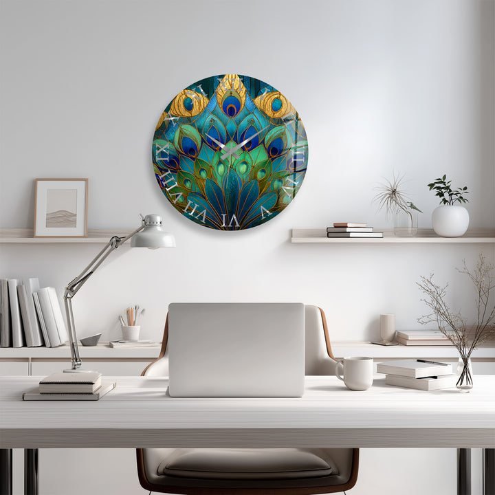 Peacock Feather Glass Wall Clock – Blue Art Nouveau Decor