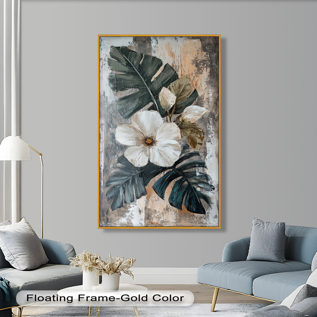 White Bloom and Tropical Leaves - Flower Oil Painting
