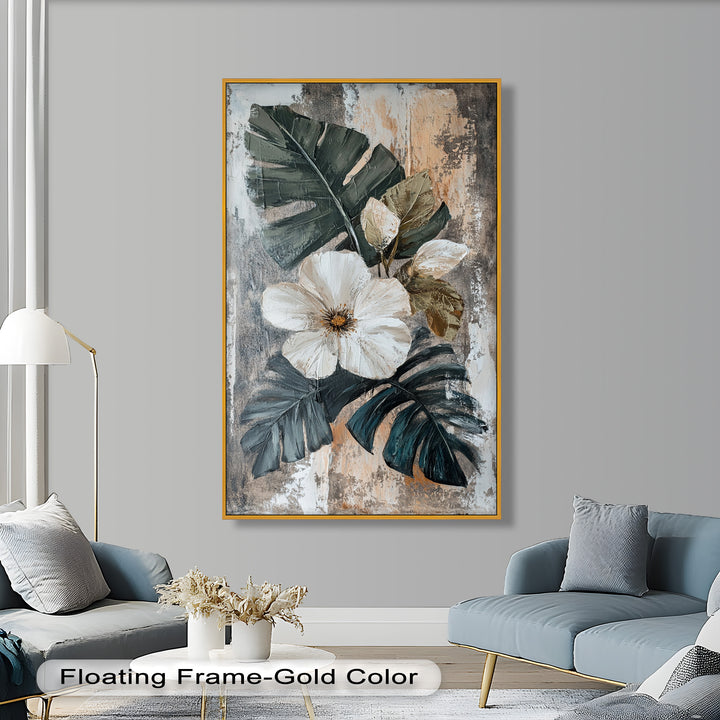 White Bloom and Tropical Leaves - Flower Oil Painting