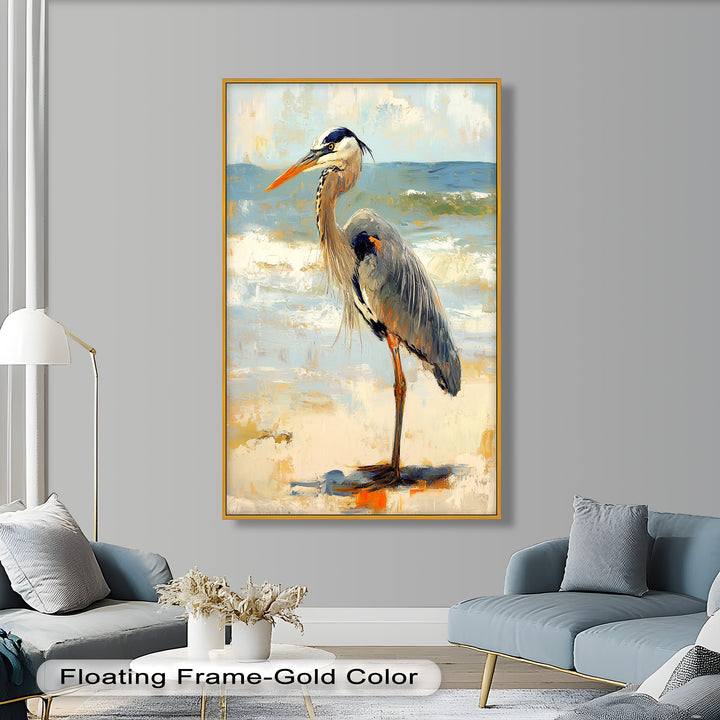 Elegant Heron Standing on Shoreline – Framed Oil Painting