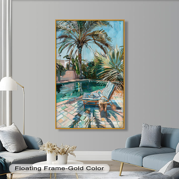 Poolside Palm Tree Escape – Tropical Oil Painting