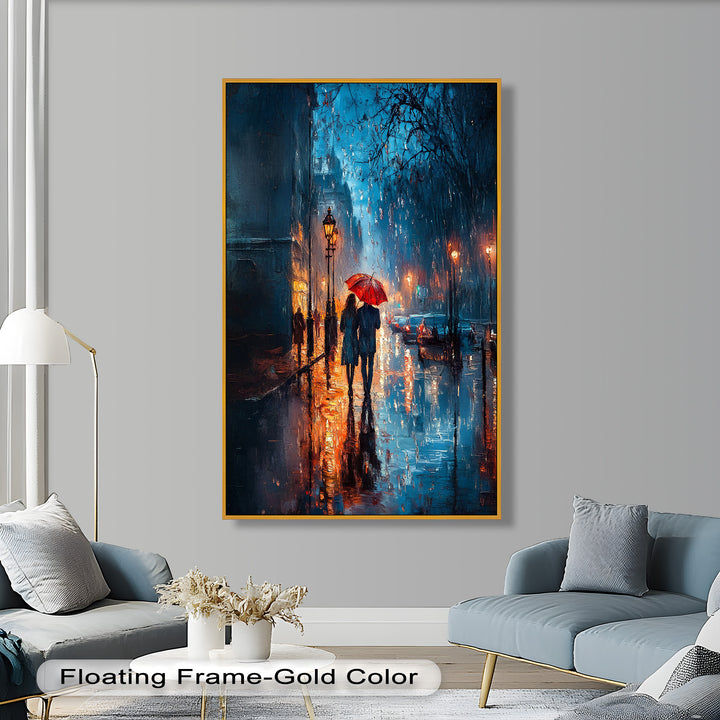Lovers in the Rain – Romantic Night Street Oil Painting