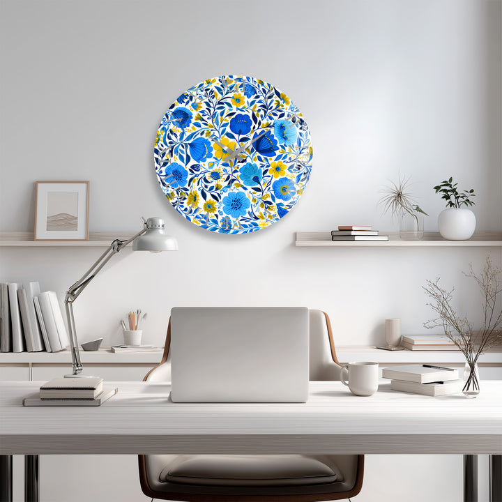 Blue and Yellow Floral Glass Wall Clock – Botanical Decor