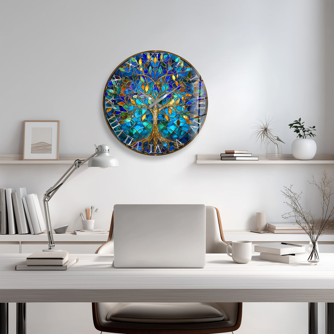 Blue Tree of Life Glass Wall Clock – Gold Stained Glass Style