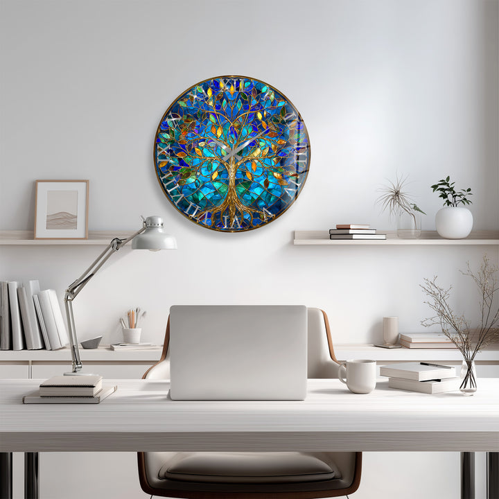 Blue Tree of Life Glass Wall Clock – Gold Stained Glass Style