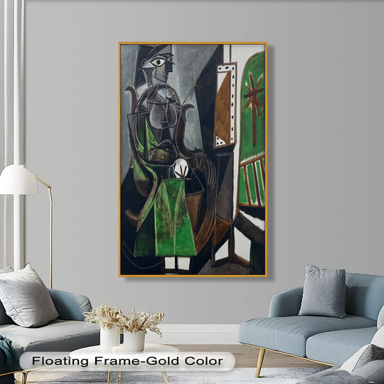 Negative space surrounds the seated figure by the window in this abstract green interior, a bold Cubist oil painting wall art inspired by Picasso.