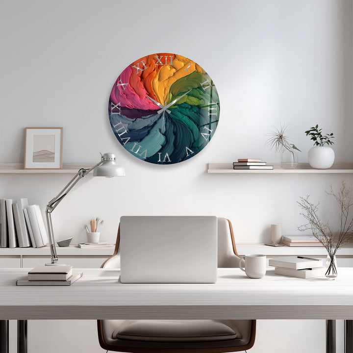 Colorful Abstract Glass Wall Clock – Rainbow Oil Painting Art