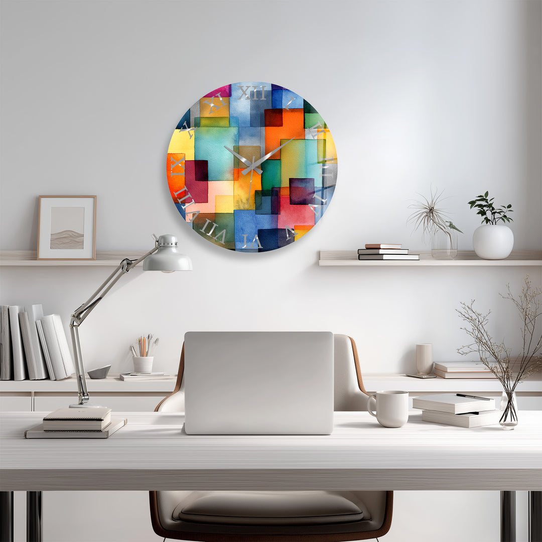 Colorful Geometric Glass Wall Clock – Abstract Color Block Art