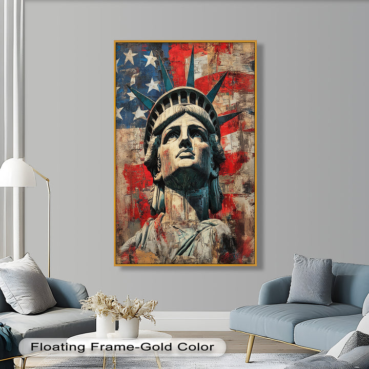 Freiheitsstatue mit amerikanischer Flagge - Patriotisches Ölgemälde