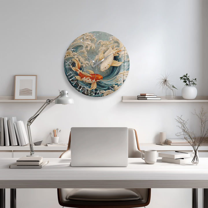 Japanese Koi Fish Glass Wall Clock – Blue Ocean Wave Art