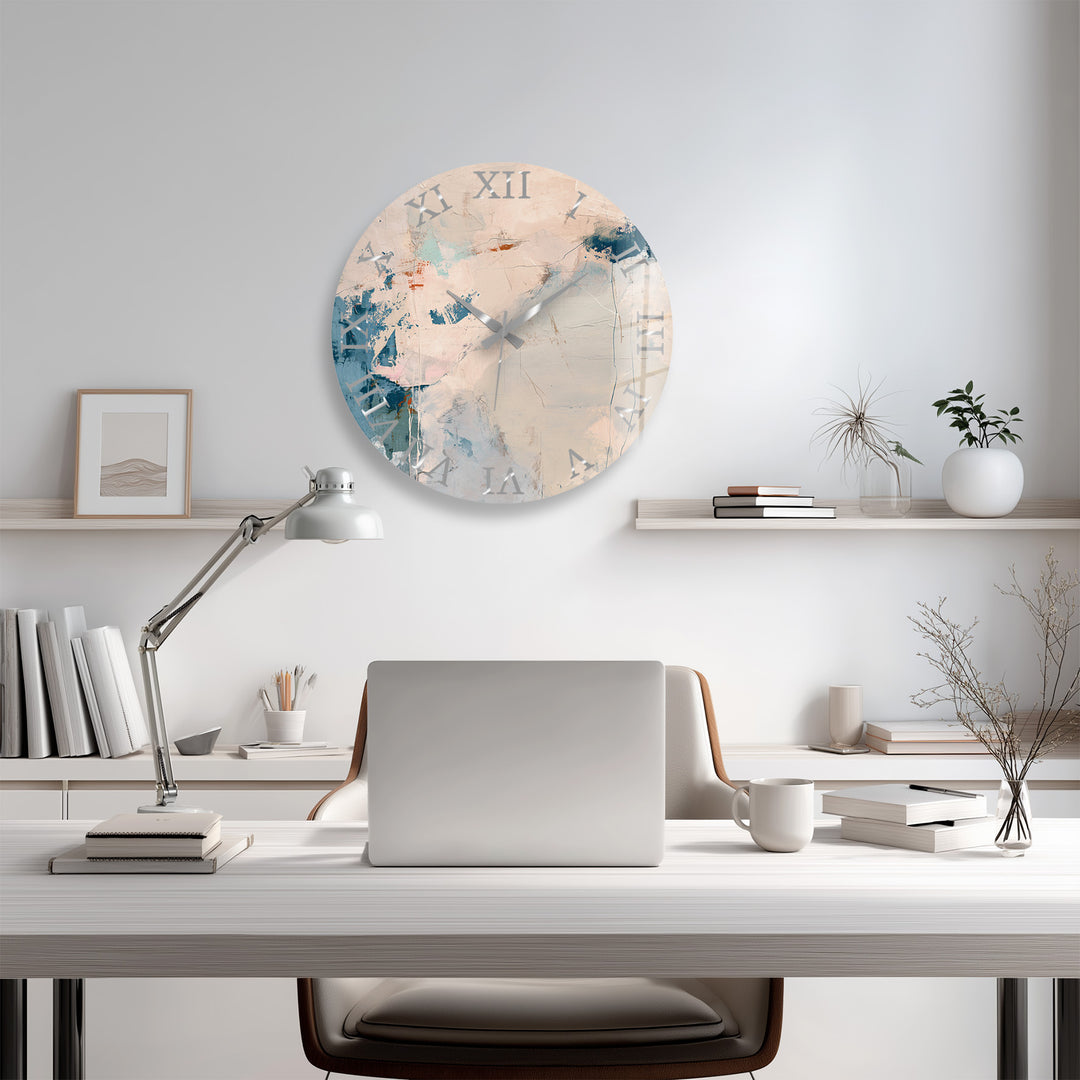Neutral Abstract Glass Wall Clock – Beige and Blue Modern Decor