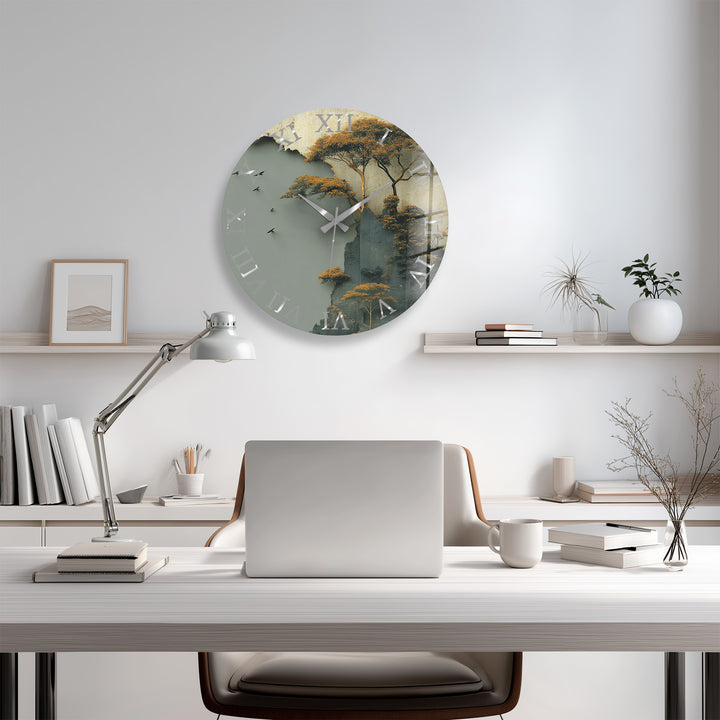 Misty Forest Glass Wall Clock – Golden Mountain Landscape
