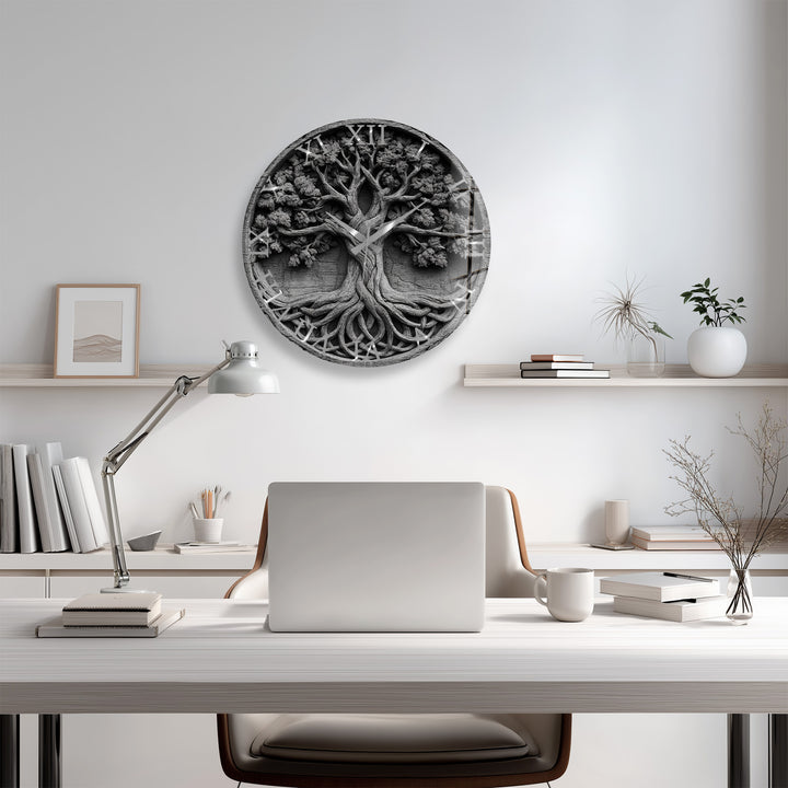 Black and White Tree of Life Glass Wall Clock – Celtic Style Art