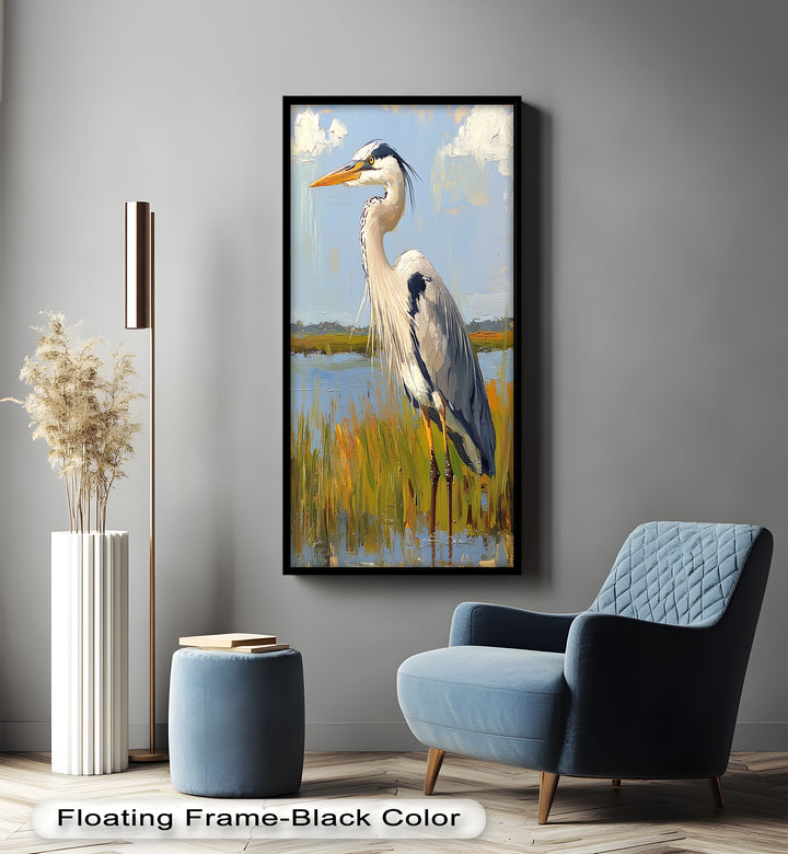 Heron in Sunlit Wetlands - Animal Oil Painting