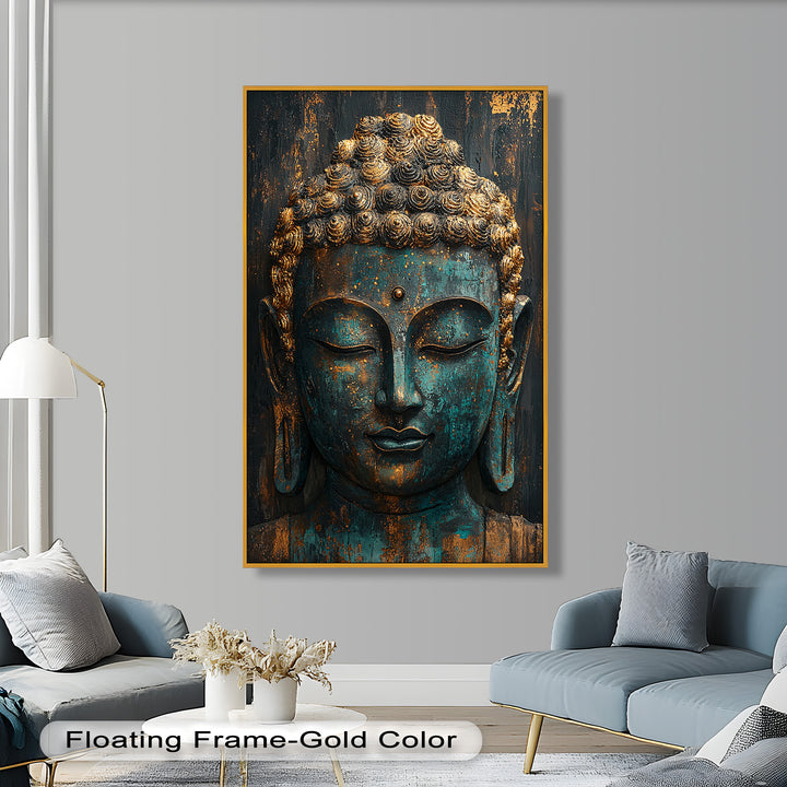 A serene Buddha figure with intricate golden curls and a meditative expression, set against a distressed, artistic backdrop.