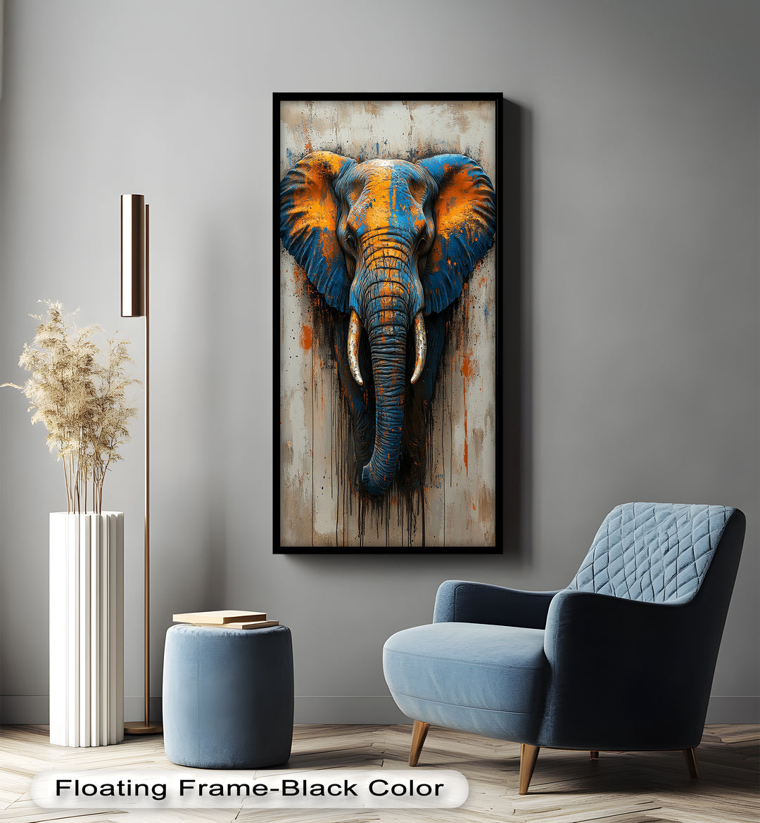 Blue and Orange Elephant Portrait - Animal Oil Painting