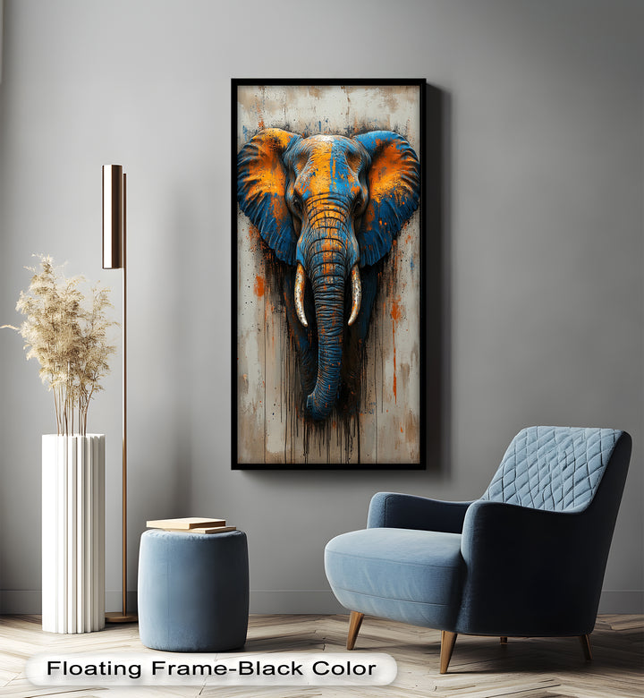 Blue and Orange Elephant Portrait - Animal Oil Painting