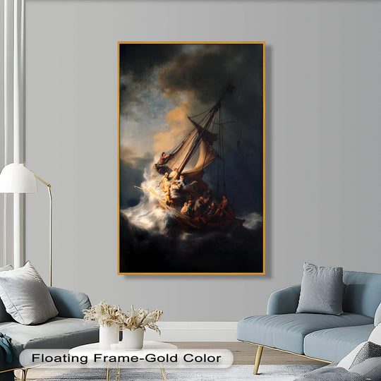 Featuring a gold floating frame, this oil painting art piece displays the dramatic Storm of Salvation seascape, beautifully bordered against a neutral background.