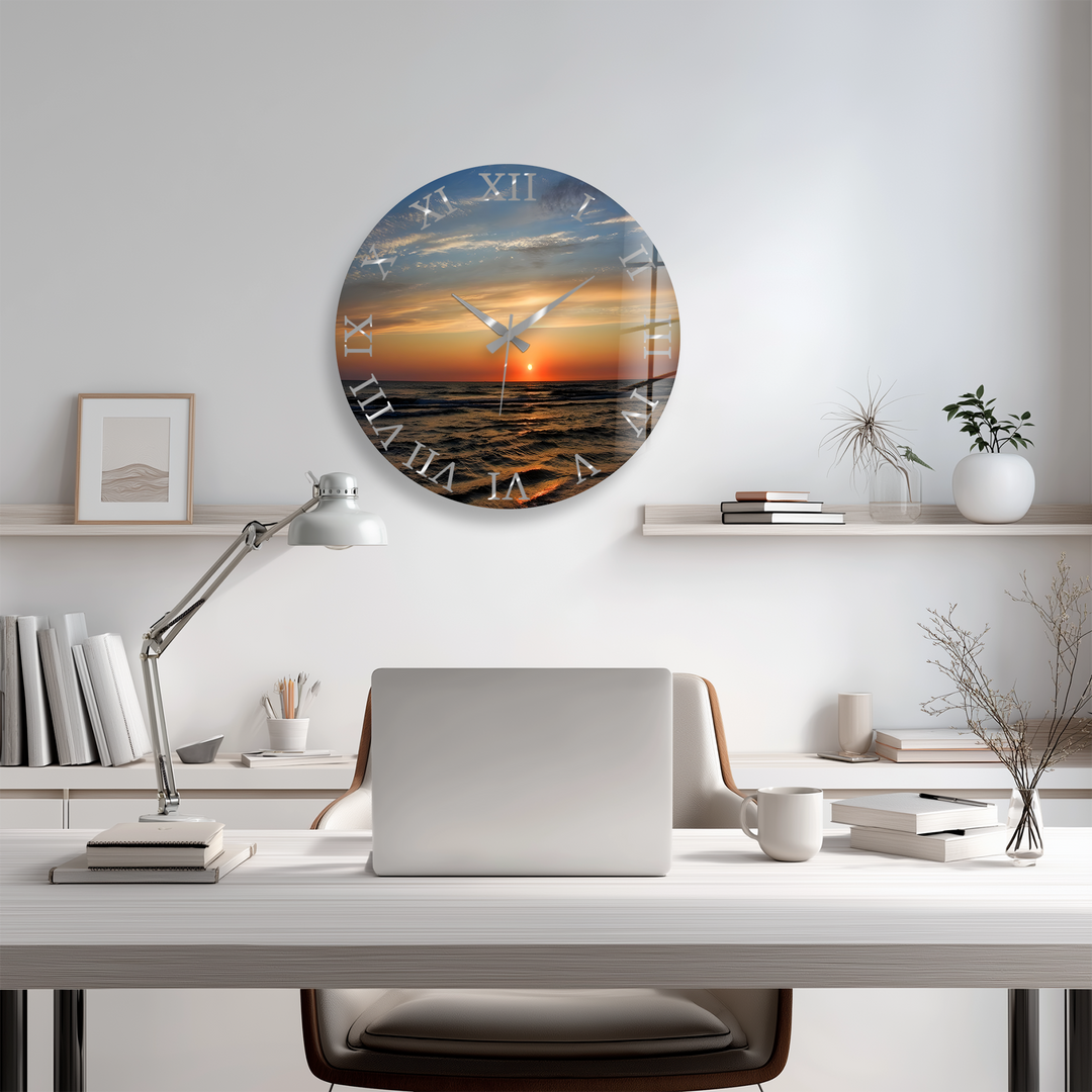Ocean Sunset Glass Wall Clock – Coastal Beach Decor
