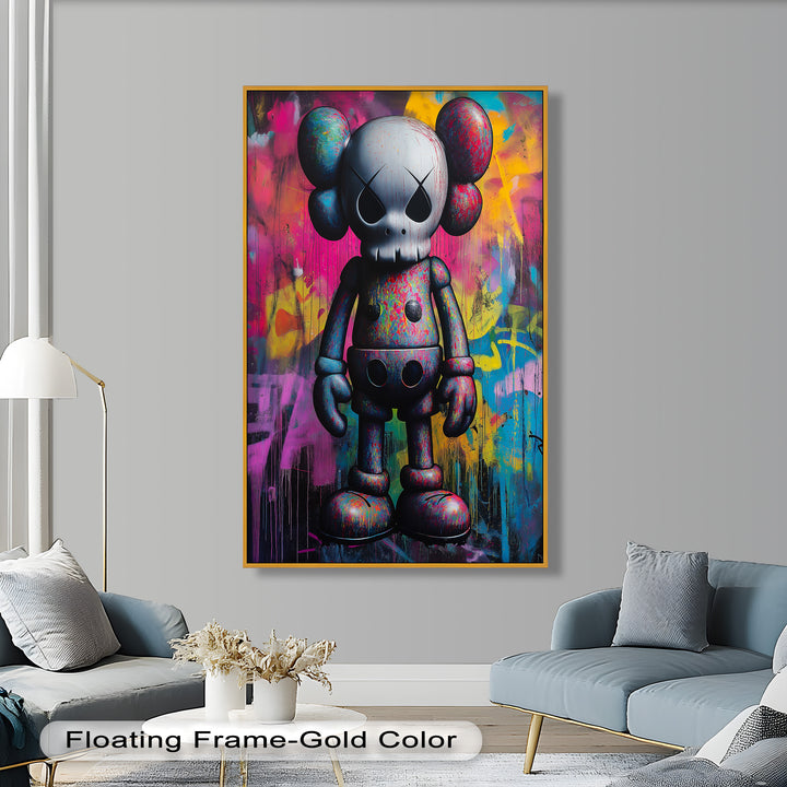 Neon Skull Companion – Mehrfarbiges KAWS-Ölgemälde