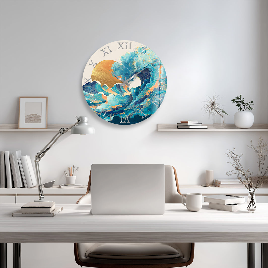 Japanese Wave Glass Wall Clock – Blue Ocean Sunset Art Decor