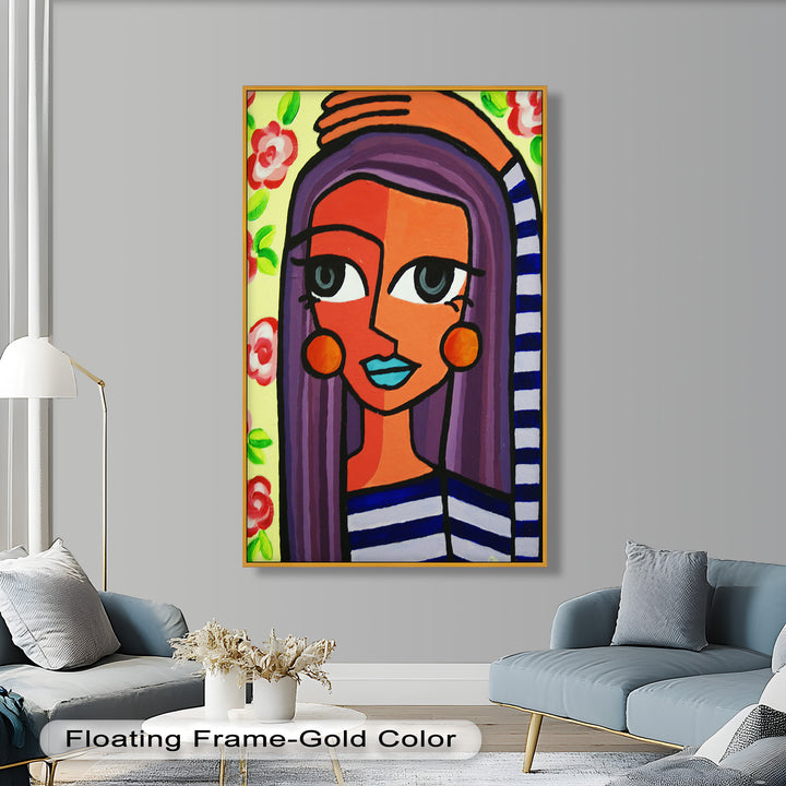 Striped Radiance – Playful Woman with Purple Hair Picasso Oil Painting