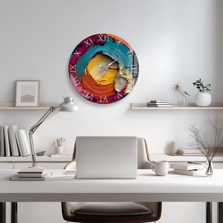 Colorful Abstract Glass Wall Clock – Vibrant Impasto Swirl Art