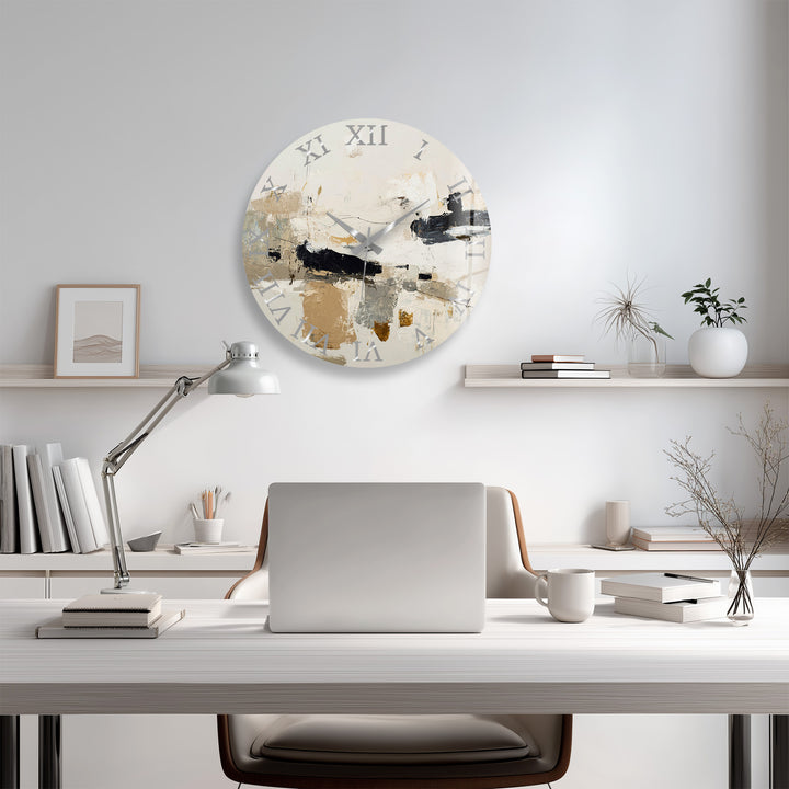 Neutral Abstract Glass Wall Clock – Black and Beige Modern Art