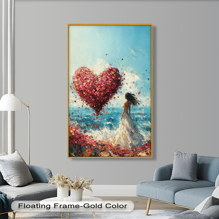 Woman with Heart-Shaped Petals Over the Sea - Love Oil Painting