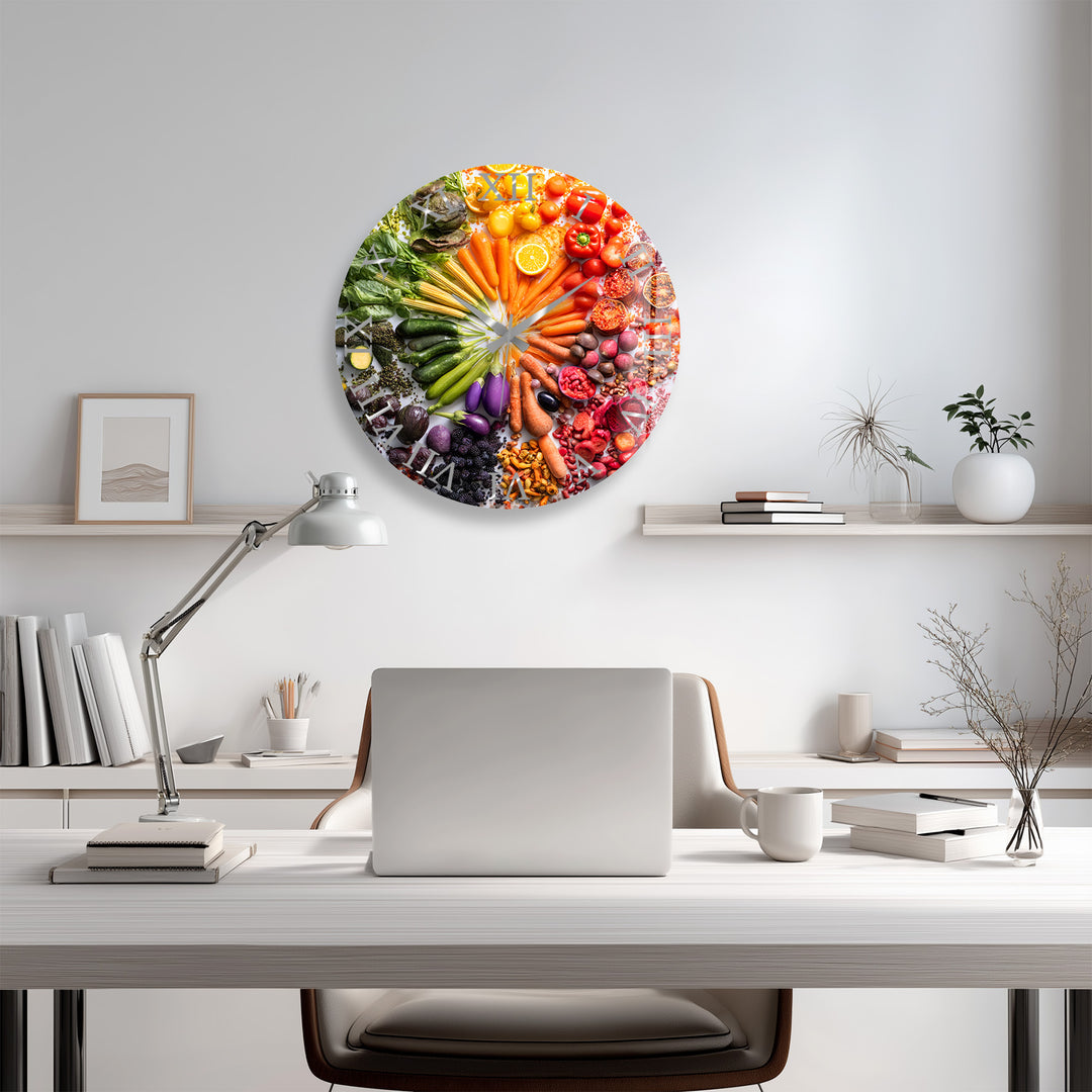 Vegetable Glass Wall Clock – Colorful Farmhouse Kitchen Decor