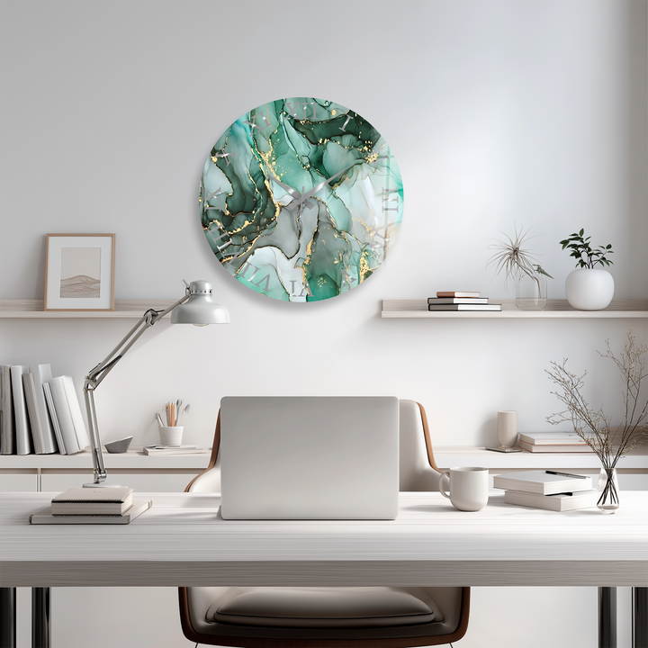 Emerald Green Marble Glass Wall Clock – Gold Accent Decor