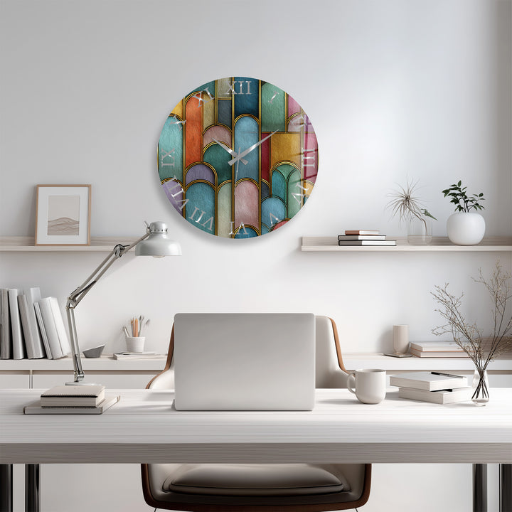 Art Deco Glass Wall Clock – Colorful Geometric Arch Decor