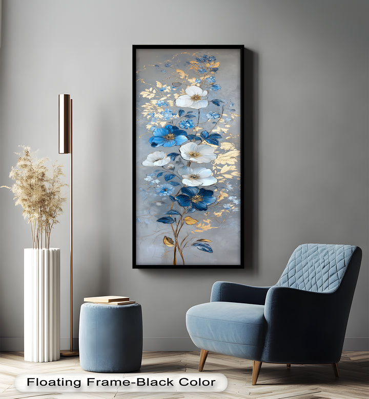 A sophisticated botanical artwork of delicate flowers in blue and white, intertwined with gold accents