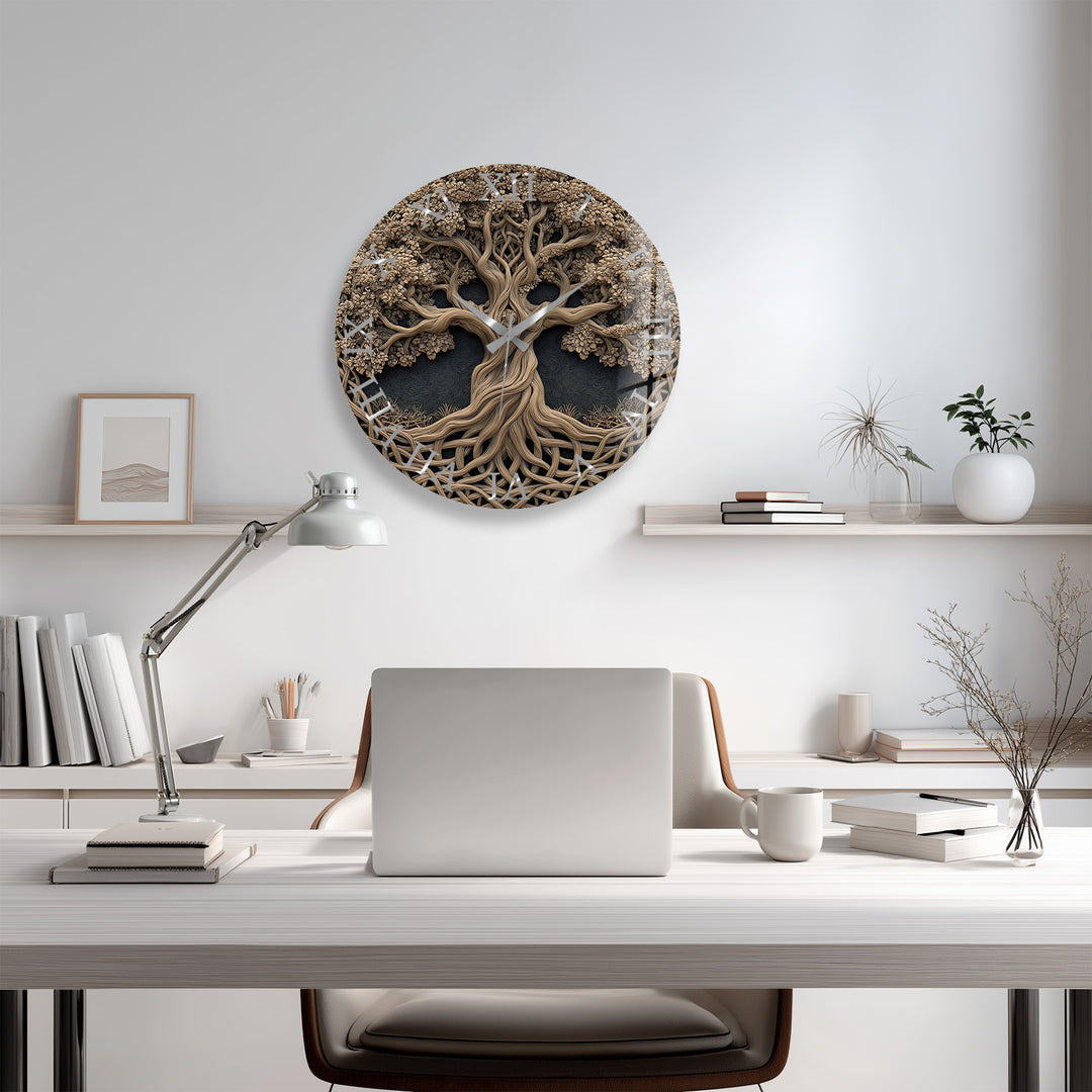 Baum des Lebens Glas-Wanduhr – Rustikale geschnitzte Holzoptik