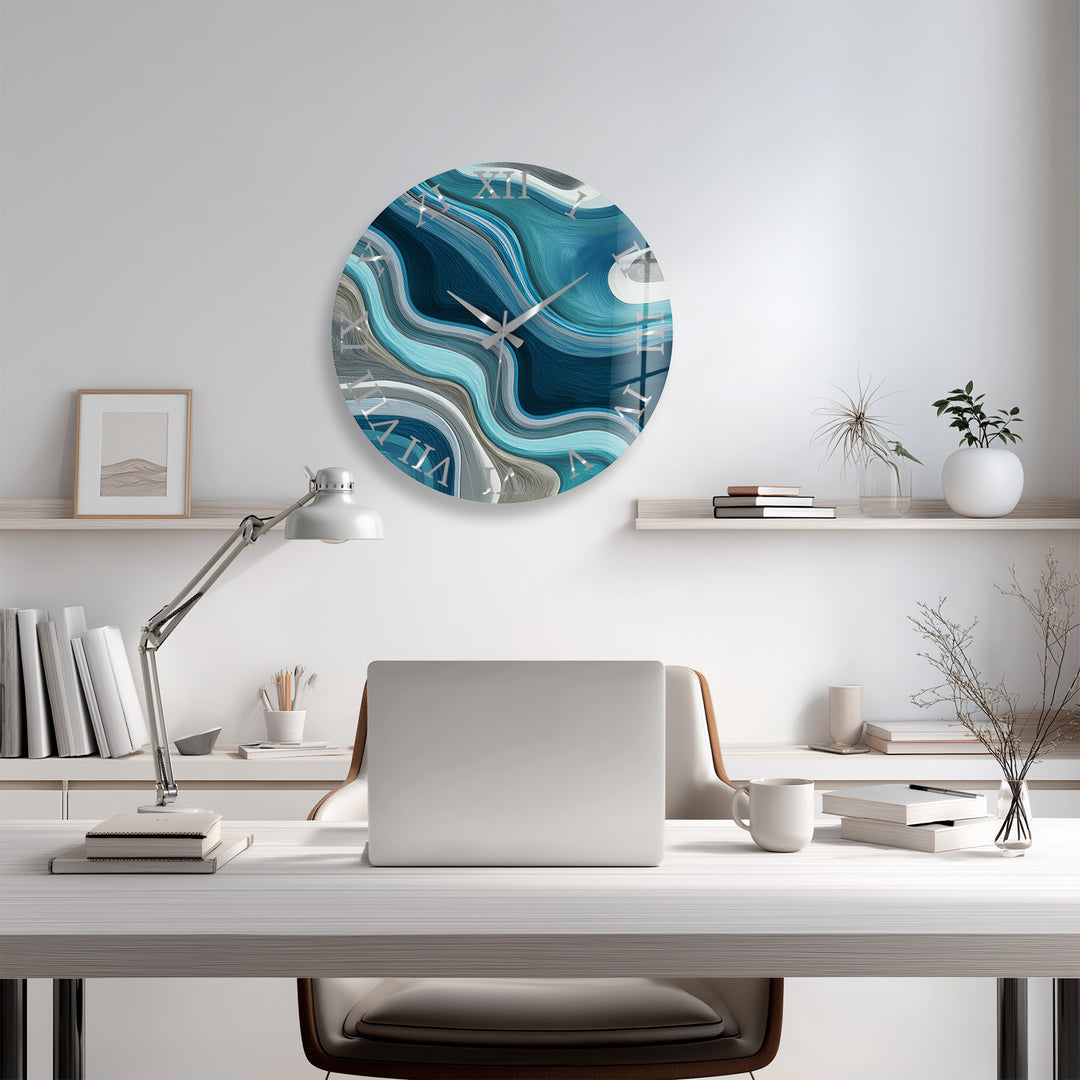 Blue Abstract Glass Wall Clock – Teal Wave Modern Decor