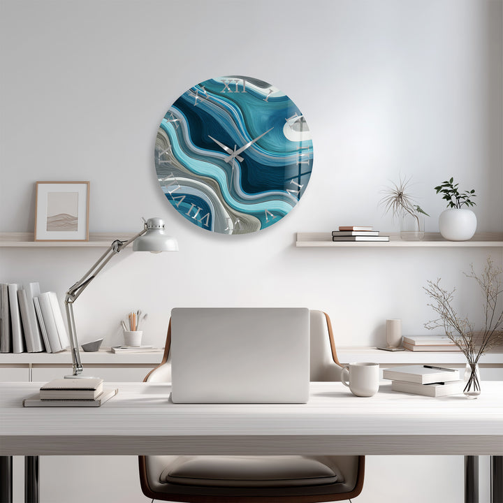 Blue Abstract Glass Wall Clock – Teal Wave Modern Decor