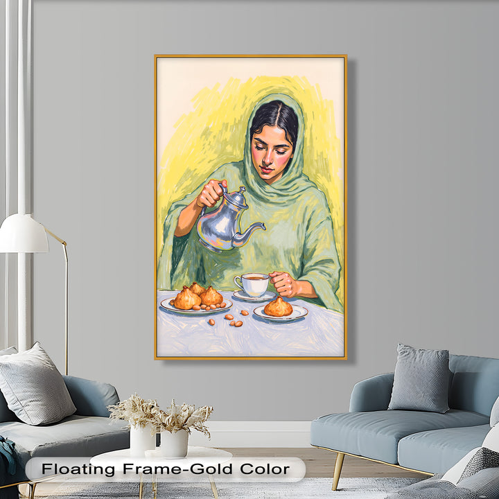 Woman Pouring Tea with Traditional Sweets - Food Painting