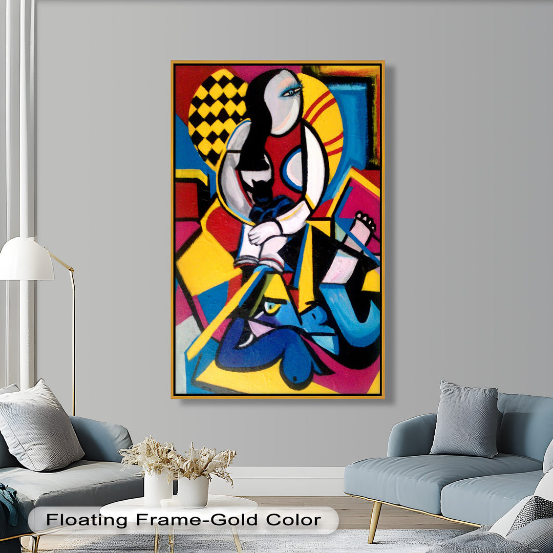 A bold cubist composition of a woman seated with a black cat, surrounded by abstract geometric shapes in vivid primary colors.