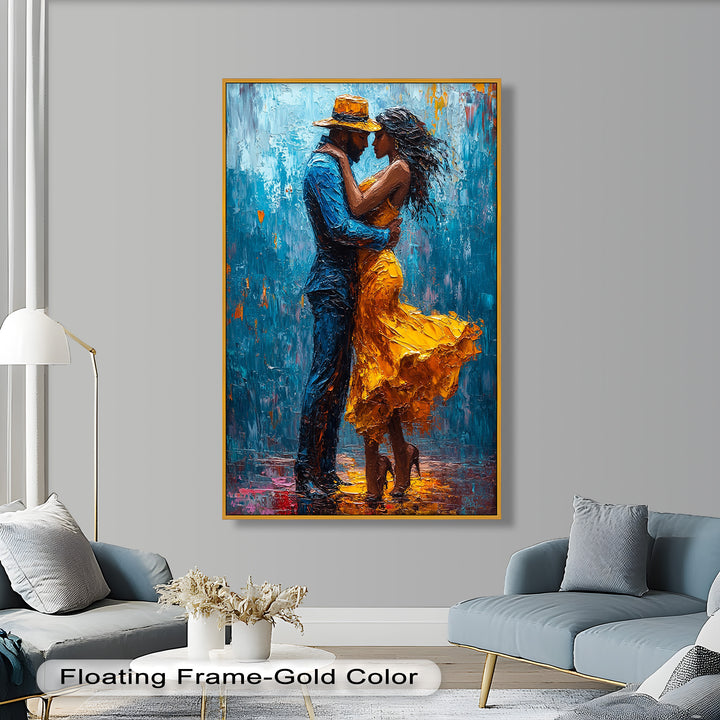 Midnight Embrace – Vibrant Couple in Yellow Dress Oil Painting