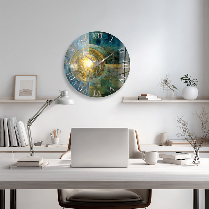 Teal and Gold Glass Wall Clock – Abstract Geometric Art