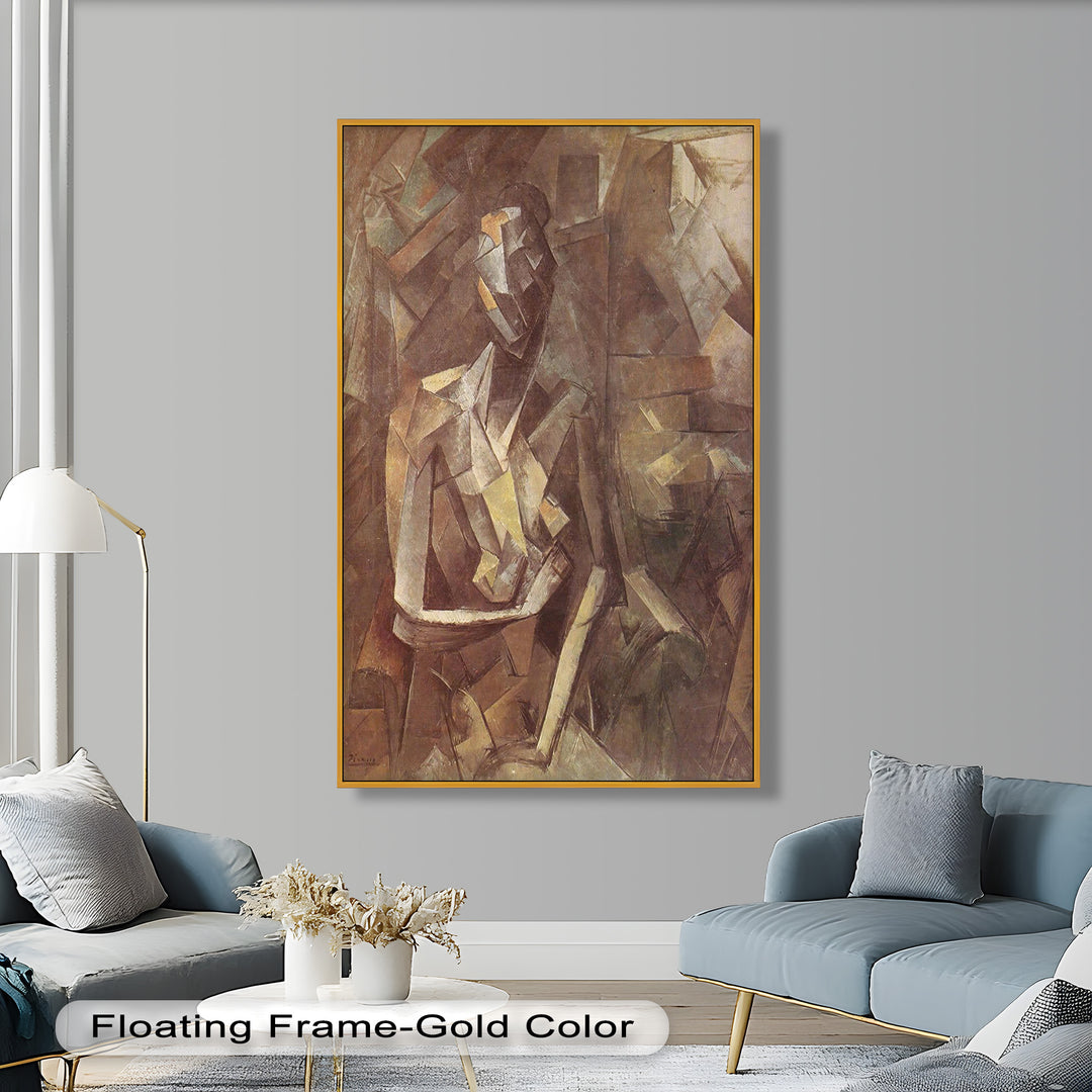 A monochromatic cubist painting of a seated figure, composed of fragmented geometric shapes in warm earthy tones.


