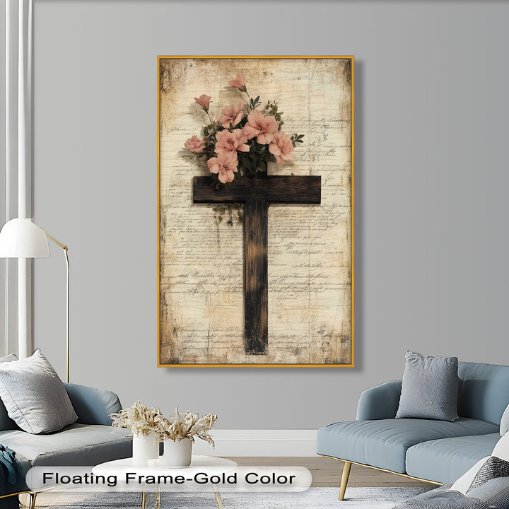 Holzkreuz mit rosa Blüten - Christliches Ölgemälde