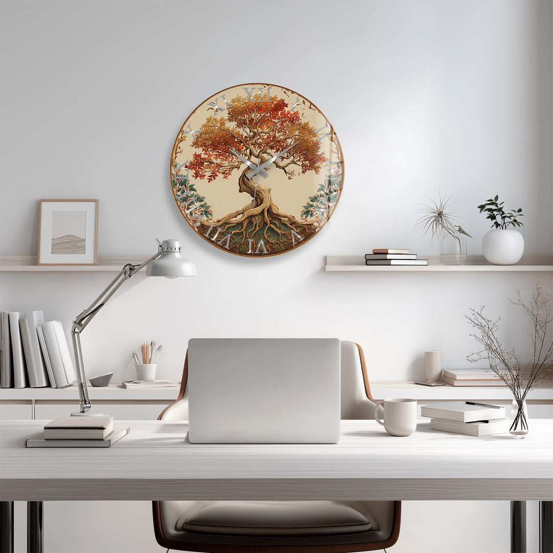 Autumn Tree of Life Glass Wall Clock – Rustic Fall Decor