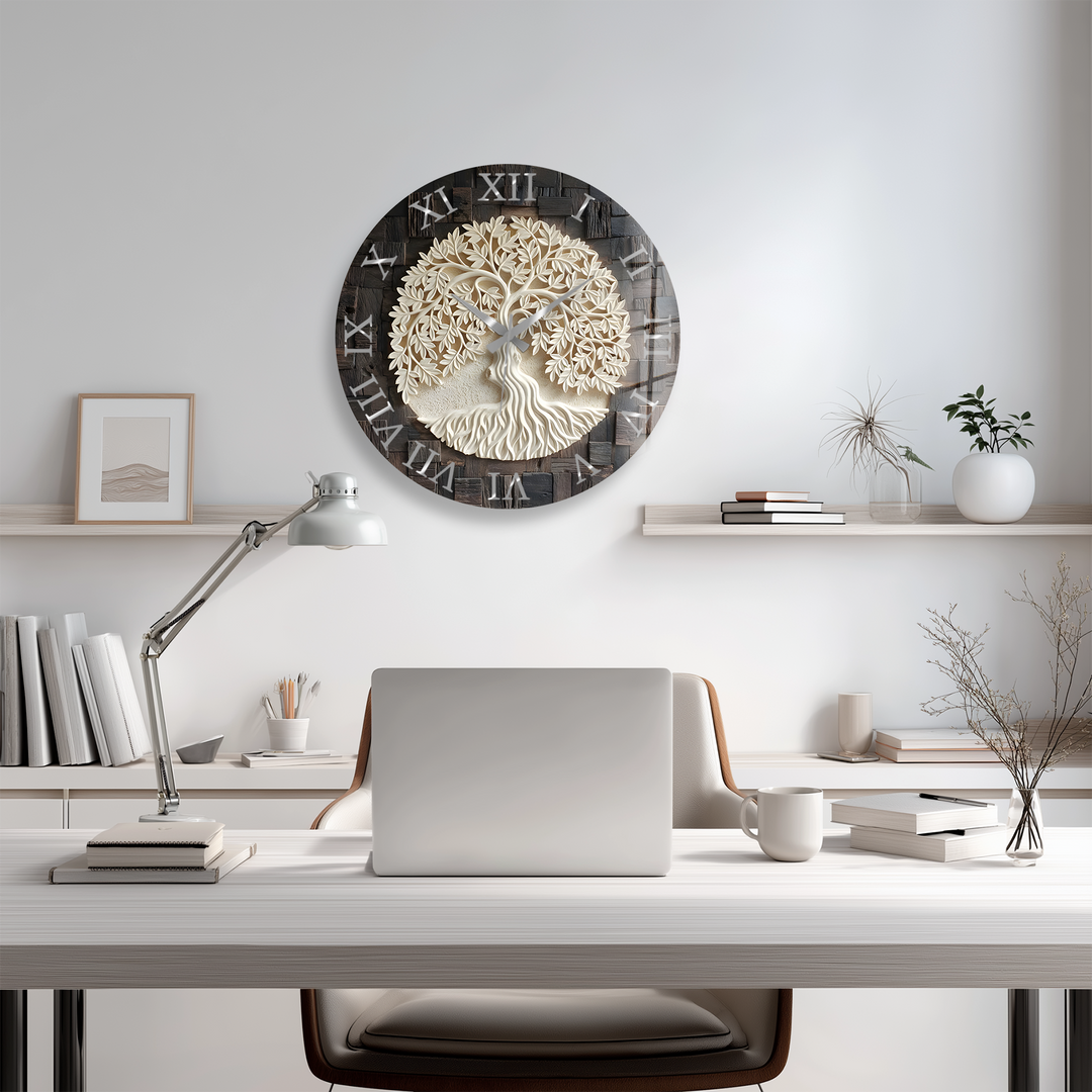 Tree of Life Glass Wall Clock – Rustic Wood Look Decor