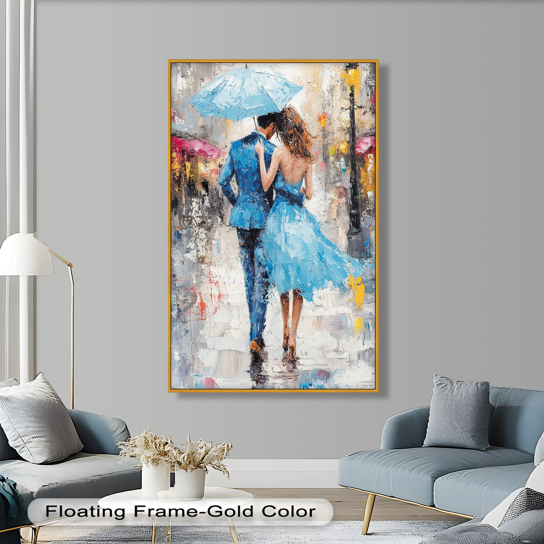 Romantic Couple Strolling in Rain - Love Oil Painting