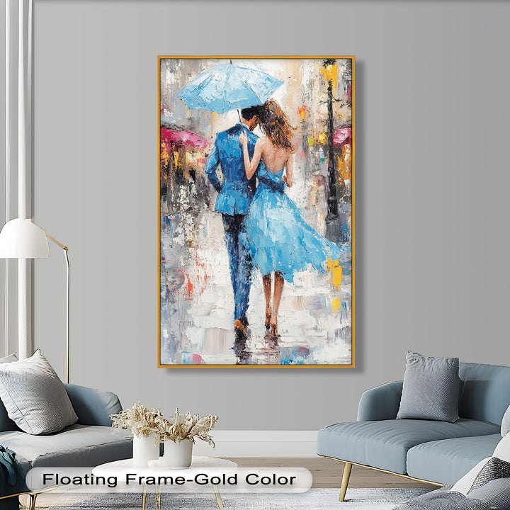 Romantic Couple Strolling in Rain - Love Oil Painting