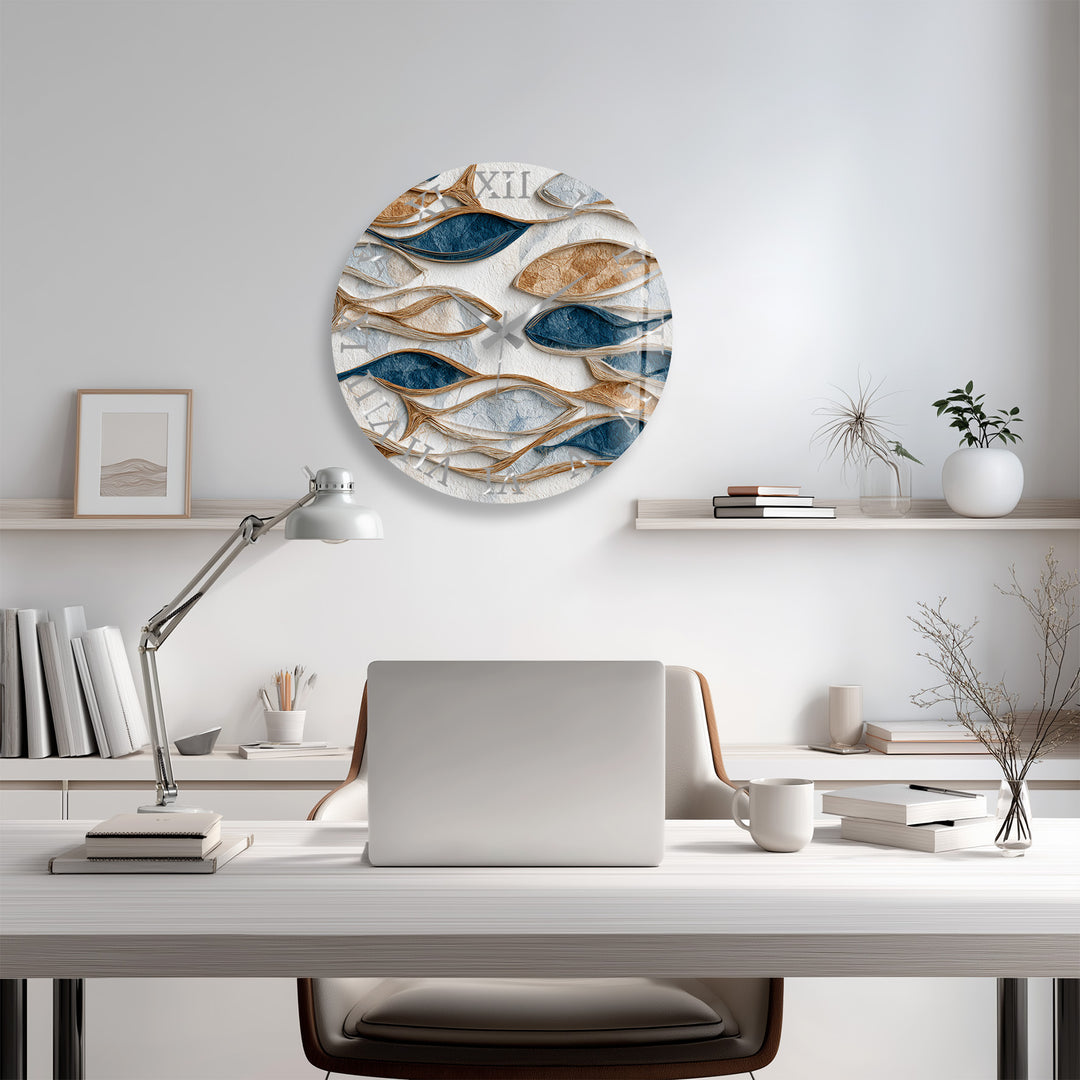 Blue and Beige Glass Wall Clock – Modern Organic Abstract Art