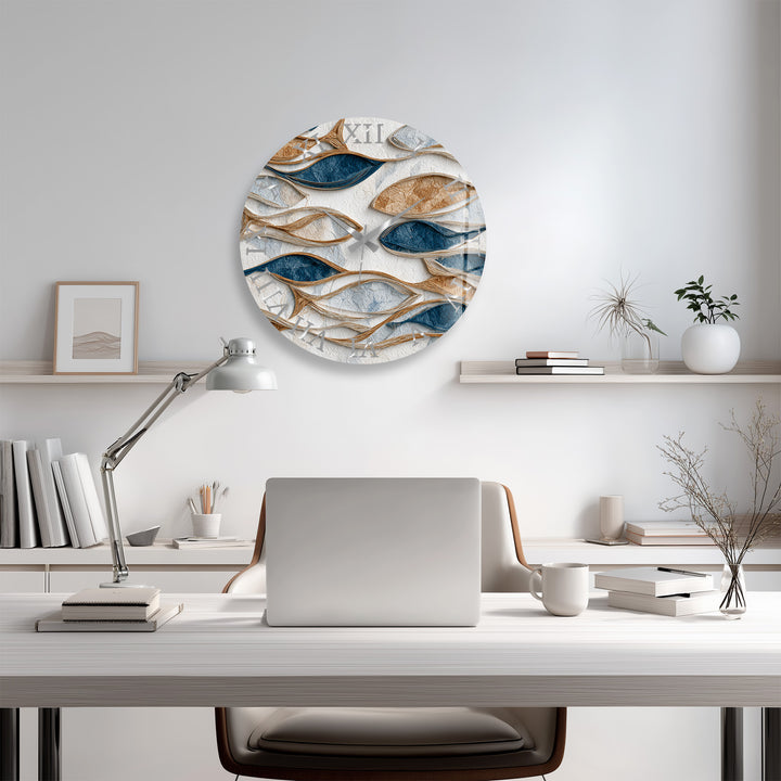 Blue and Beige Glass Wall Clock – Modern Organic Abstract Art