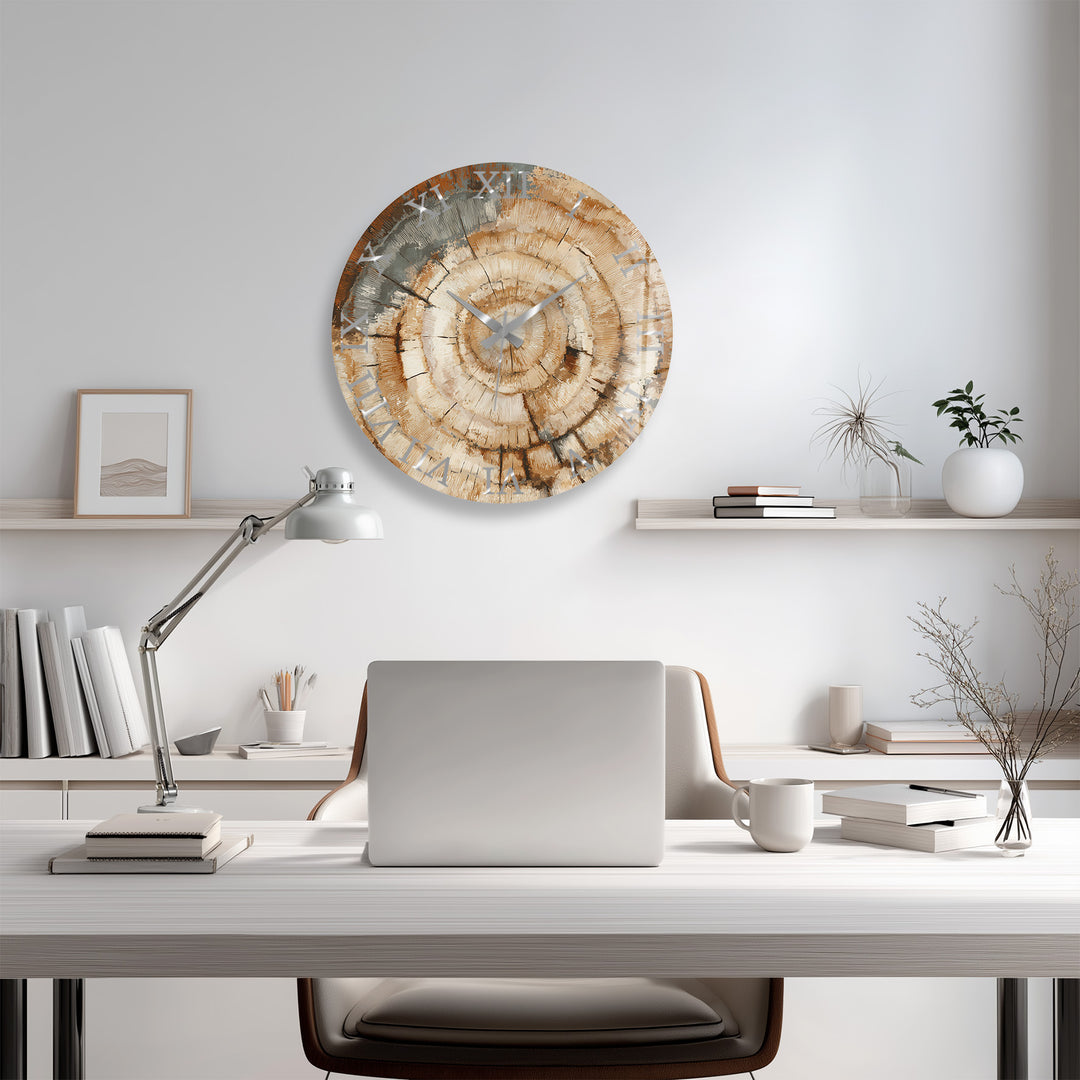 Tree Ring Glass Wall Clock – Rustic Wood Grain Decor