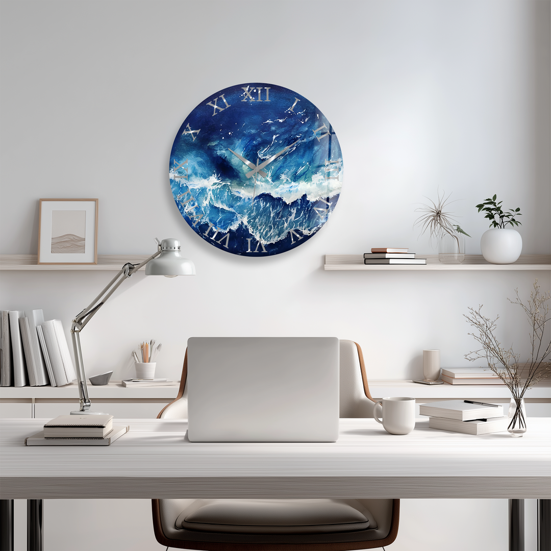 Abstract Blue Ocean Glass Wall Clock – Coastal Wave Art